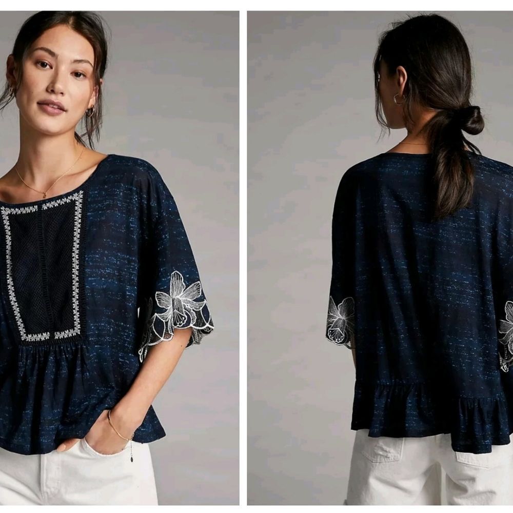 Anthropology Pilcro Women's Short Orchid Embroidered Sleeves Navy Top Size XS